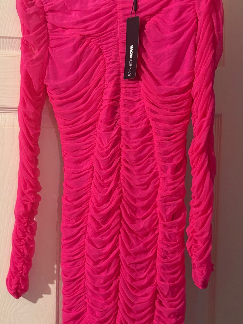 Fashion Nova Neon Pink Ruched Long Sleeve Bodycon Dress